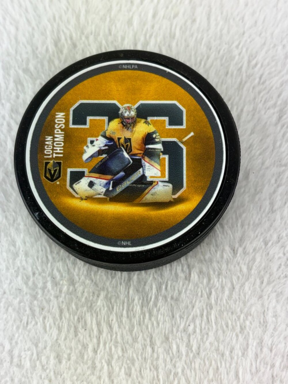 Vegas Golden Knights Logan Thompson Mustang Ice Hockey Player Puck NHL Licensed